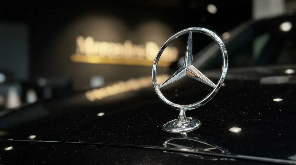 Mercedes-Stern auf der Motorhaube, dahinter die goldene Wandbeleuchtung des Showrooms